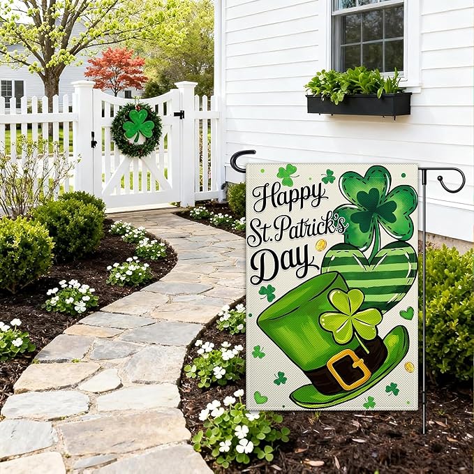 Happy St Patrick'S Day Garden Flag 12×18 Double Sided Shamrocks Garden Flag Clover Hat Gold Coins Flag for Outside Yard House Lawn Outdoor Holiday Sign Decor
