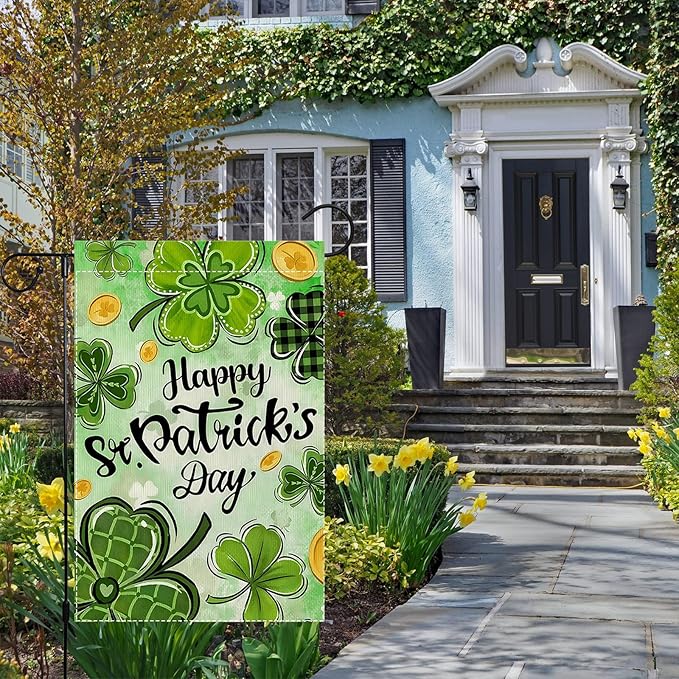 Happy St Patricks Day Shamrock Garden Flag 12 x 18 inch Double Sided Outside decorations,Spring Small Garden Flags For Outdoor Yard Lawn