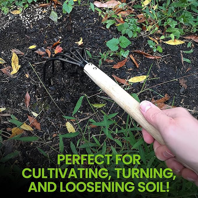 Garden Guru Hand Rake Cultivator Claw Soil Tiller - Military Grade Steel - Rust Resistant - 5 Tine Japanese Ninja Claw - Comfortable Wood Handle - Perfect Pulverized and Aerated Soil - 1 Case (60 Pcs)