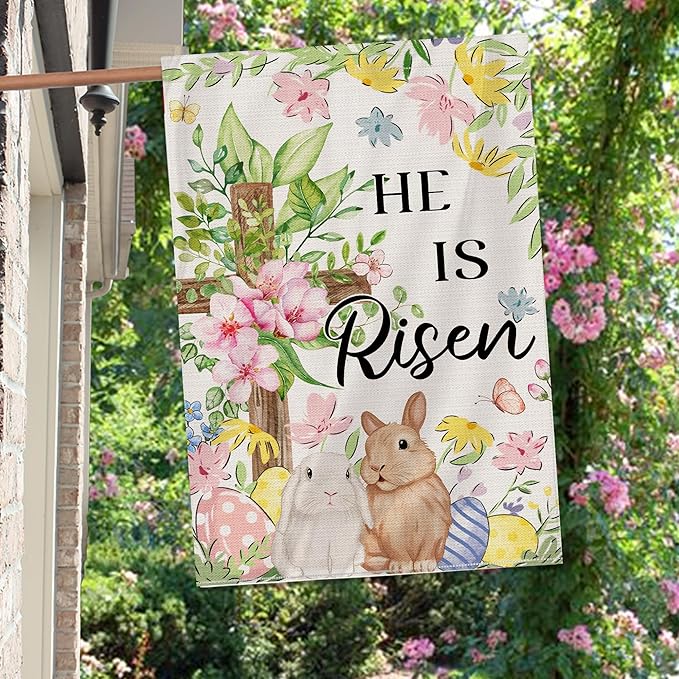 Easter Bunny Flag 28x40 Inch Double Sided Outside, He Is Risen Easter Flag Lamb Flowers Cross Decorations Outdoor Yard Burlap