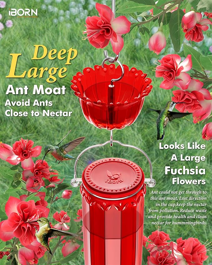 iBorn Hummingbird Feeders for Outdoors Hanging with Ant Moat for Hummingbird Feeder Glass 8 Ports for 16oz Humming Bird Nectar,Yellow Flowers Red Glass, Pack of 1