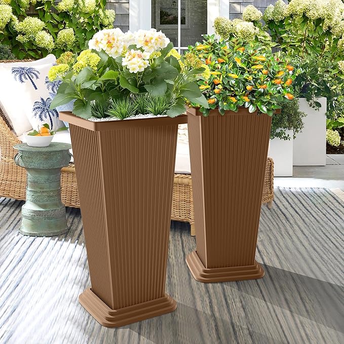 Set of 4 24" Tall Plastic Planters with Trays, Large Tapered Plant Pots for Indoor Outdoor Use, Modern Decorative Planters for Porch, Patio, Garden, and Backyard