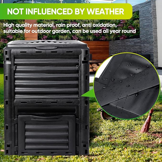 F2C Compost Bin 80 Gallon,Includes Gloves, Large Compost Bin w/Top Flip Latch-on Lid, Bottom Exit Door Aerating Outdoor Garden Compost Box,BPA Free Material for Backyard Outdoor, Black