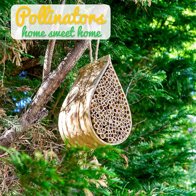 Made Easy Kit Bee House – Attracts Mason & Leafcutter Bees – Natural Bamboo Pollinator Habitat with Jute Rope – Hotel for Garden & Backyard – Eco-Friendly Insect Shelter (Honey Droplet, Large)