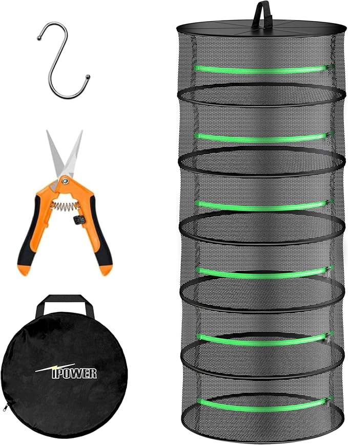 iPower Herb Drying Rack 6-Layer Zippered Mesh Hanging Basket Dryer Net with Garden Pruning Shear, Storage Pouch and Hook for Hydroponics Plant, Seed, Bud, Outdoor, Grow Tent, Closet, 24'' Diameter
