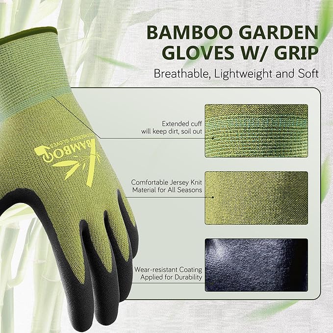 COOLJOB 2 Pairs Gardening Gloves for Women and Men, Bamboo Working Gloves Touchscreen, Grippy Nitrile Rubber Coated Work Gloves, Green/Black, X-Large Size (2 Pairs XL)