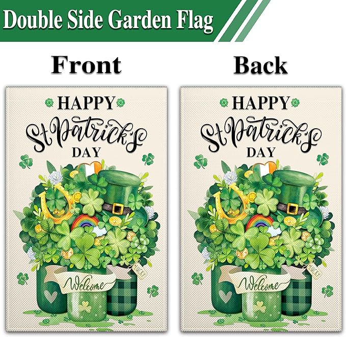 St Patrick's Day Garden Flag for Outside 12x18 Inch Double Sided Irish Welcome Garden Flag Green Shamrock Mason Jar Lucky Garden Flags for Outdoor Indoor House Yard Holiday Signs Decorations