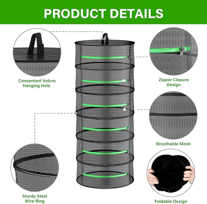 iPower Herb Drying Rack 6-Layer Zippered Mesh Hanging Basket Dryer Net with Garden Pruning Shear, Storage Pouch and Hook for Hydroponics Plant, Seed, Bud, Outdoor, Grow Tent, Closet, 24'' Diameter