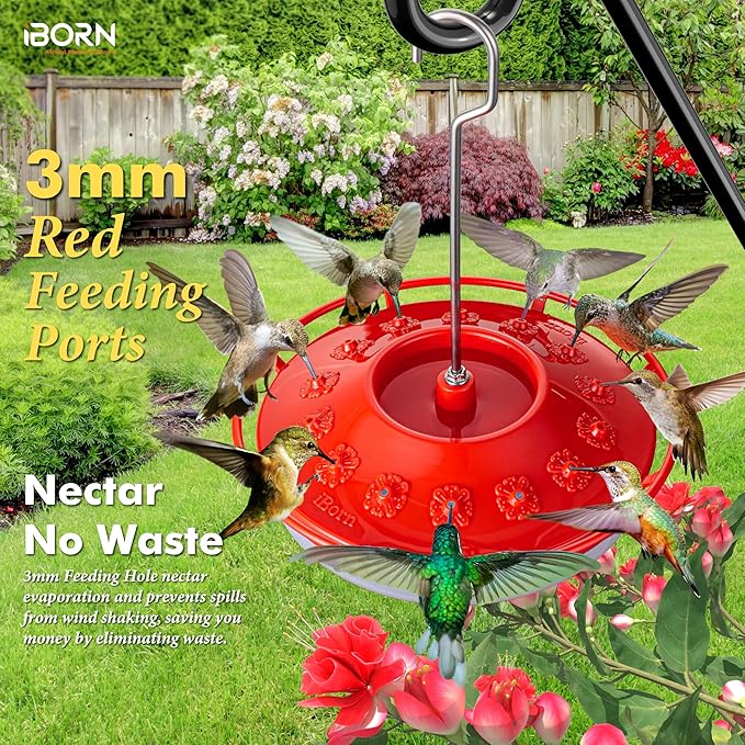 iBorn Hummingbird Feeders for Outdoors Hanging,Bee Proof Hummingbird Feeder with 14 Feeding Ports,13 OZ Saucer Humming Bird Feeders with Ant Moat,Ant Proof No Leak,Easy to Clean and Refill,Red,1 Pack