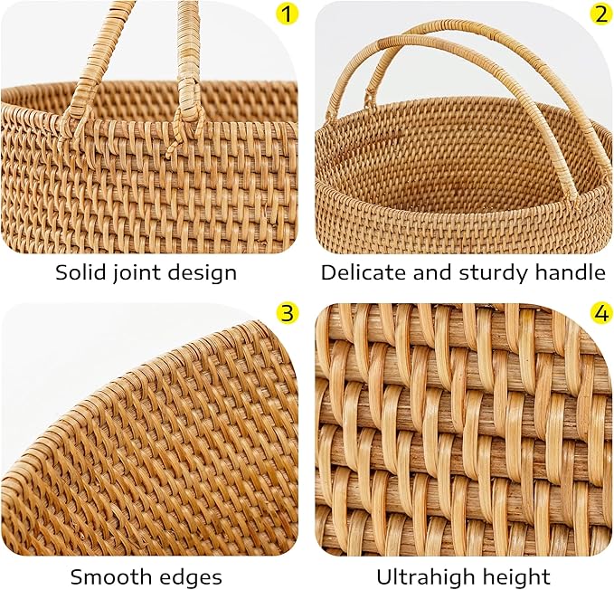 Handwoven Rattan Picnic Basket Sturdy Handles, Round Storage Organizer for Camping, Wedding, Home, Kitchen(11"×11"×4")