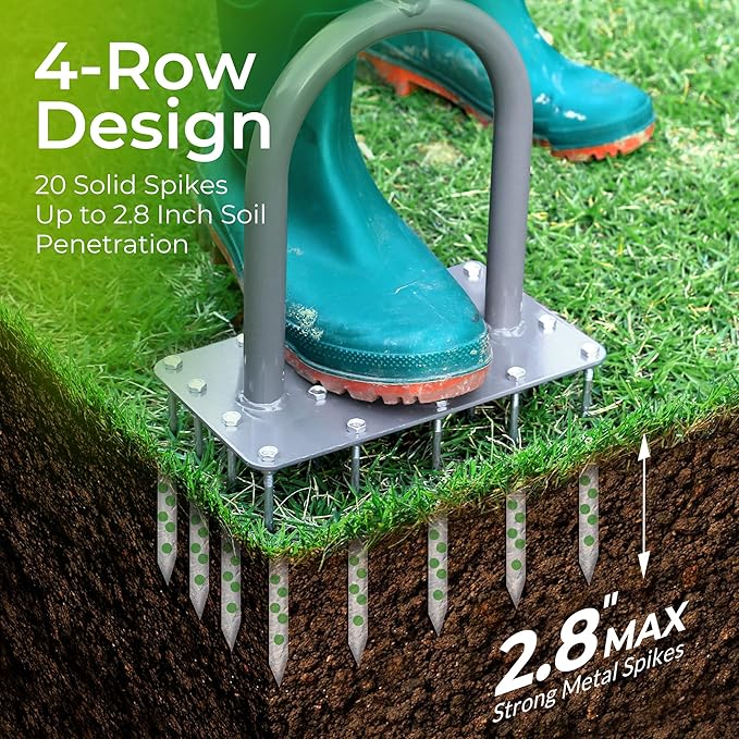 Walensee Four-Row Spike Lawn Aerator,Manual Heavy-Duty Steel Aerator Lawn Tool with 20 Sharp Spikes,Ideal for Small Yards,Lawn Edges,Spot Seeding & Soil Prep,Bare Spots Repair,Gardening Aeration Tool