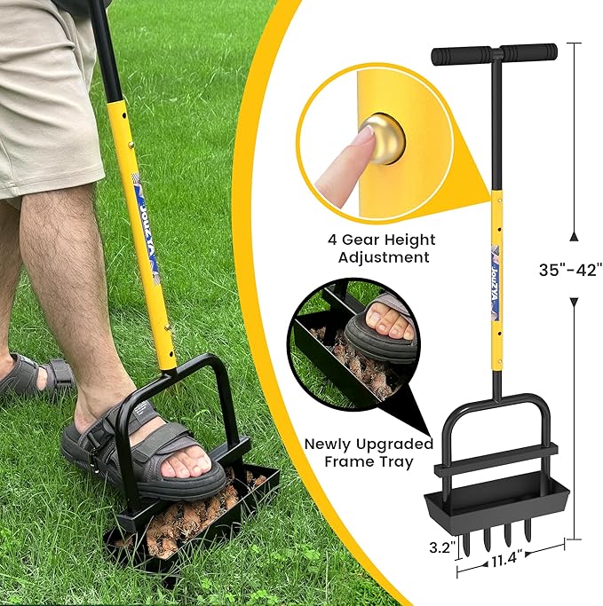Adjustable Lawn Aerator Coring Tool with Soil Core Collection Tray, 4 Tines Manual Yard Air Grass Aerator Gardening Tool for Lawn Care Courtyards, 38''