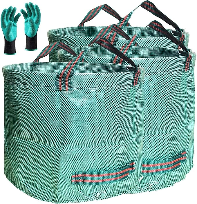 Professional 3-Pack 137 Gallon Extra Large Lawn Garden Bags (D34,H34 in) Reusable Yard Waste Bags with Gardening Gloves for Big Leaf Bag,Lawn Weeds,Grass Clippings Bag,Yard Debris Containers 4 Handles