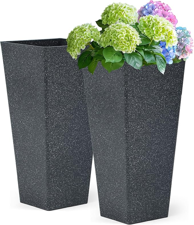 28" Plant Pots Tall Planters for Plants Outdoor Set of 2 Plastic Planter Pot Large Flower Pots Indoor Weather-Resistant for Patio, Porch, Garden, Front Door Christmas Decor Terrazzo Black