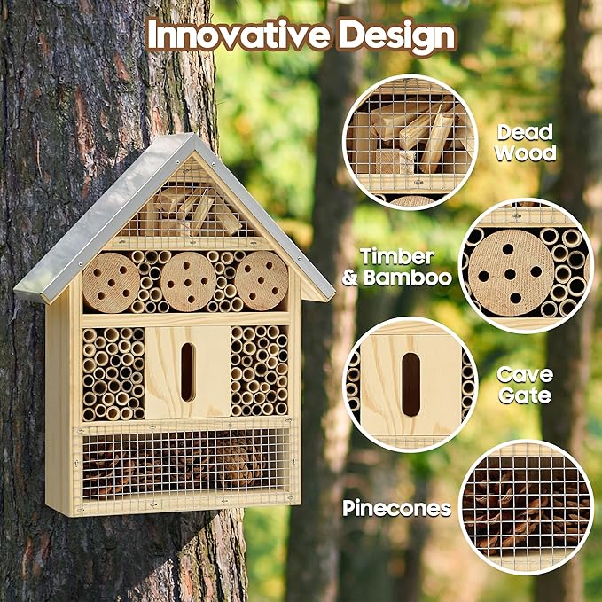 UUMENHA Insect Hotel & Mason Bee House - Butterfly House,Multi-Functional Bee Hotel for Garden, Attract Pollinators,Durable Natural Wood Design,4.13×2.56×10.63 inches