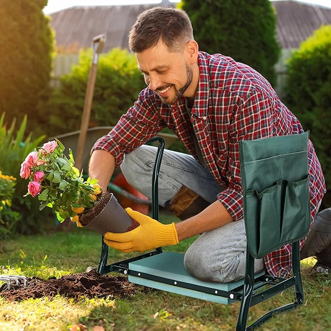 LEMY 2 in 1 Garden Kneeler and Seat - Portable Heavy Duty Folding Garden Stool for Women Men Seniors, w/EVA Foam Kneeling Pad, Removable Tools Pouches, Steel Frame,No Assembly