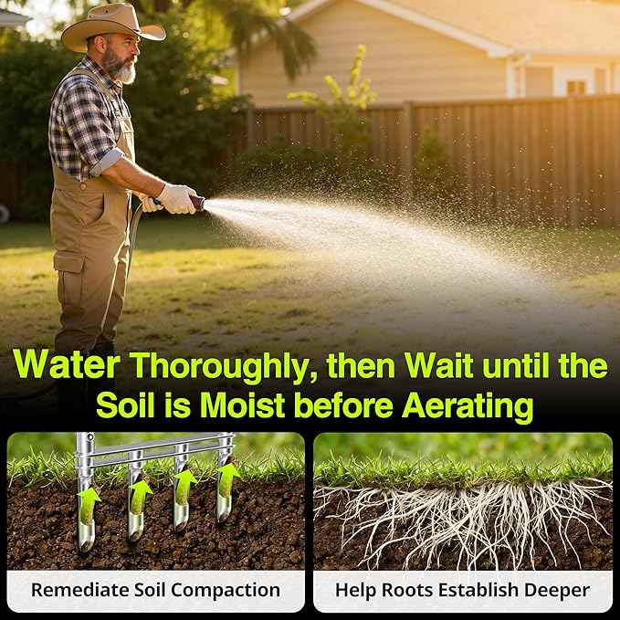 Knee-Friendly Manual Lawn Aerator Tool –Adjustable SUS304 Stainless Steel Core Aerator for Grass, Yard Aeration Tool with 4 Hollow Tines for Lawn Care and Compacted Soil,43.3"-48.5",Silver