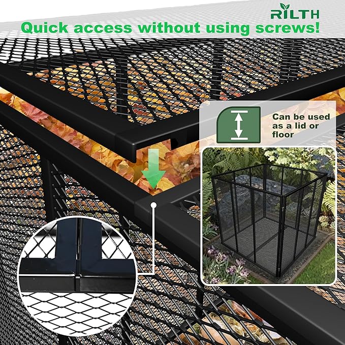 Large Compost Bin Outdoor,172 Gallon Metal Wire Mesh Compost Bins+Lid, Rust-Resistant Coating, Easy-to-Assemble Square Garden Compost Bin for Yard Waste, Fallen Leaves, Kitchen Scraps, 37x37x30 inches