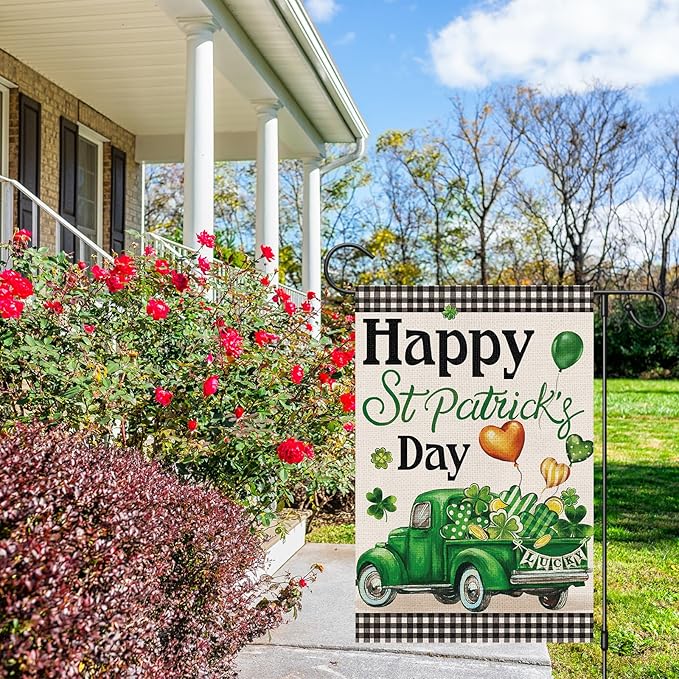 Shamrock Happy St Patrick's Day Garden Flag 12x18 Inch Double Sided, Burlap Green Lucky Clover Truck Holiday Yard Flag for Outside Yard Decoration
