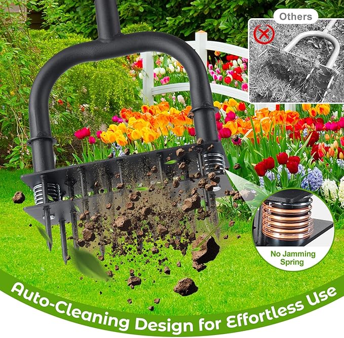 Aerator Lawn Tool: Sharp 14 Iron Spikes, Automatic Dirt Leaf Cleaning, Manual Lawn Aerators with Ergonomic T-Handle for lawn Yard Garden Patio Soil Loosening Grass Aerating