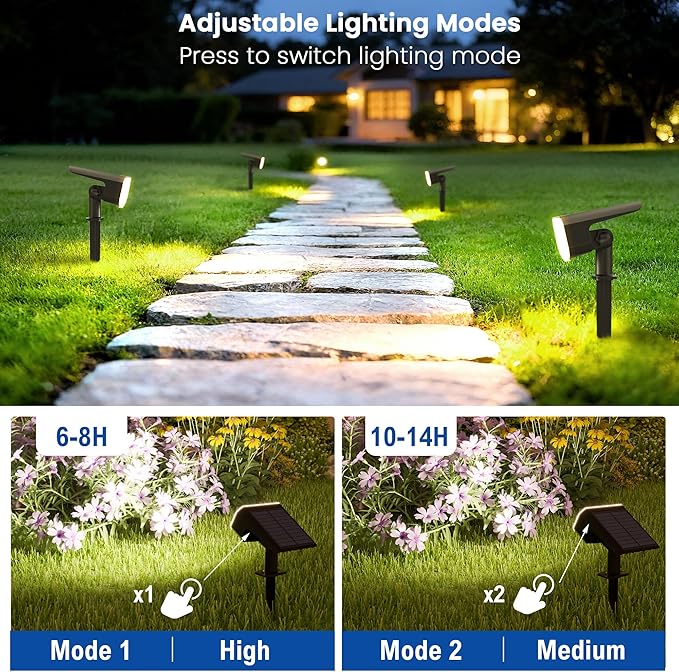 Solar Lights Outdoor Waterproof IP65, Super Bright LED, 6500K 2 Lighting Modes, Solar Powered Yard Garden Solar Spot Lights for Outside Landscape Auto On/Off -6 Pack