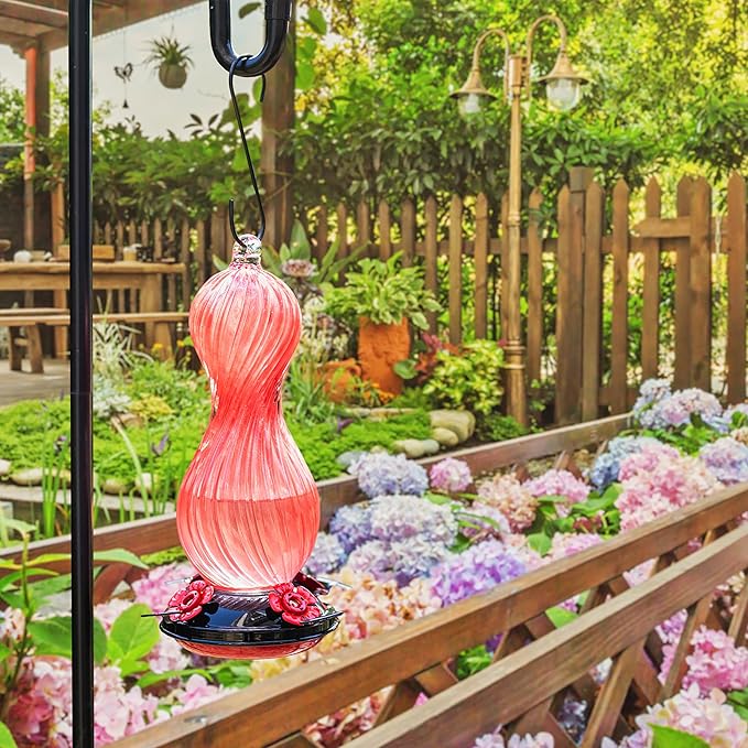Hummingbird Feeder for Outdoors Hanging, Hand Blown Glass 24 OZ Capacity Hummingbird Bird Nectar Feeders with 4 Feeding Ports, Gifts for Women Mom Outside Garden Backyard Decor