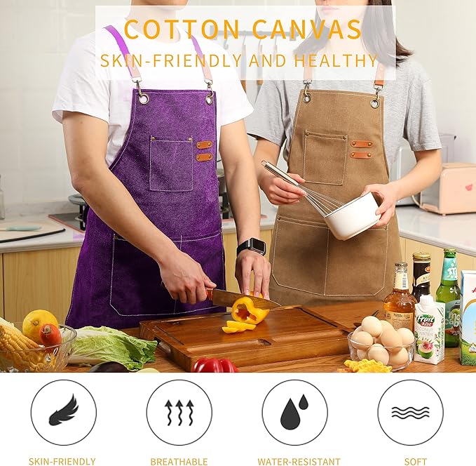 Tosewever Canvas Cross Back Chef Cotton Aprons for Men Women with Large Pockets
