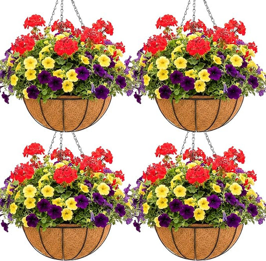 12 inch Metal Hanging Baskets For Plants Outdoor 4 Pack Round Metal Wire Hanging Basket Planter with Coco Fiber Liners Chain Round Wire Plant Holder for Garden, Patio, Deck, Porch Plants Flower Potss