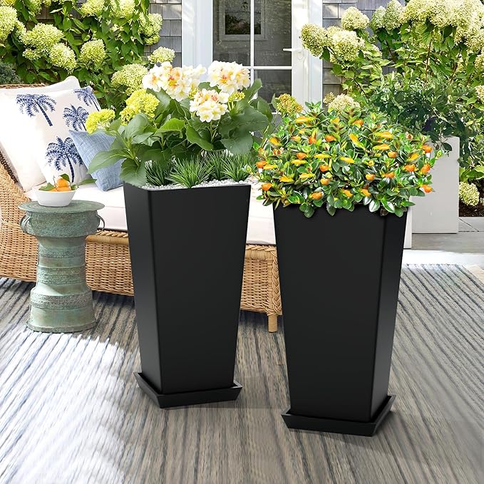 Set of 4 24" Tall Plastic Planters with Trays, Large Tapered Plant Pots for Indoor Outdoor Use, Modern Decorative Planters for Porch, Patio, Garden, and Backyard