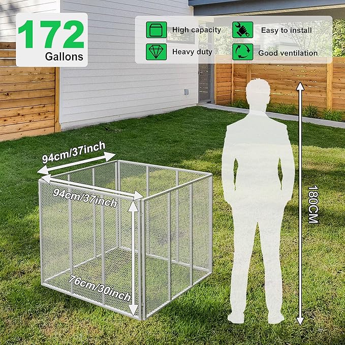 Large Compost Bin Outdoor - 172Gallon Metal Wire Mesh Compost Bins with Rust-Proof Coating, Easy to Assemble Square Garden Compost Bin for Yard Waste, Leaves & Kitchen Scraps, 37x37x30 Inches Gray