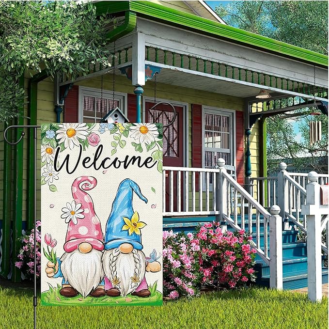 Spring Garden Flag 12x18 Inch - Cute Gnome Couple with Floral Design, Double-Sided "Welcome" Outdoor Decor for Patio Yard Spring Seasonal Decorations