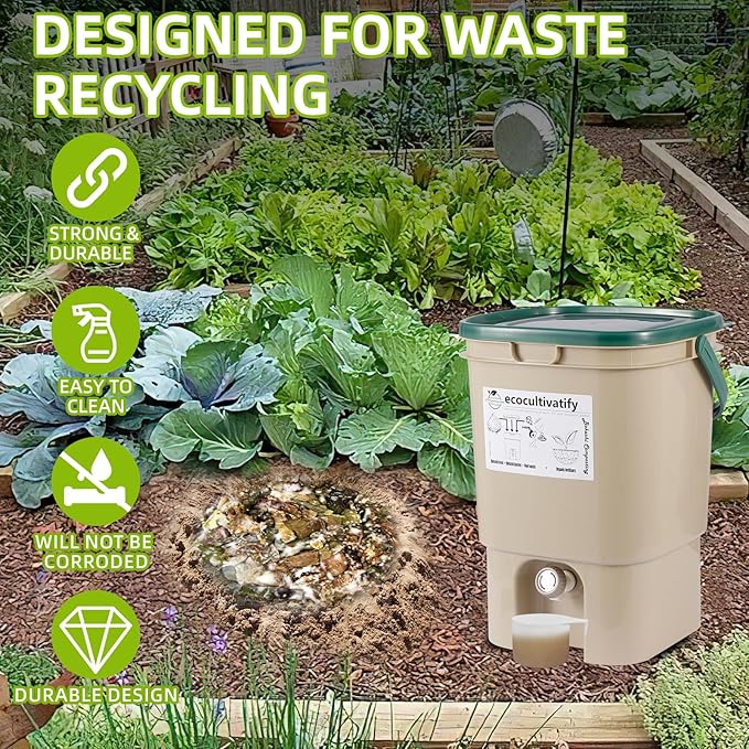 20L Bokashi Bucket with Air Sealing Lid, 5.28 Gallon Compost Bin, Kitchen Composter with Bran, Kitchen Compost Pail, ecocultivatify Bokashi Kit Set with Starter (Tan & Dark Green)