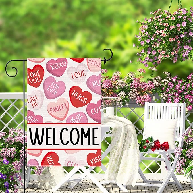 Valentines Day Garden Flag 12x18 Inch Double Sided, Love Hearts Welcome Valentine Decorations Burlap Garden Flags Rustic Anniversary Yard Outdoor Farmhouse Outside