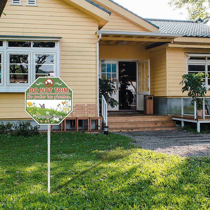 2 Pack 10" x 28" Do Not Trim Yard Signs with Stake and Accessories, Rust Free Aluminum Composite, Bilingual Garden Metal Do Not Mow Signs for Outdoor Lawn