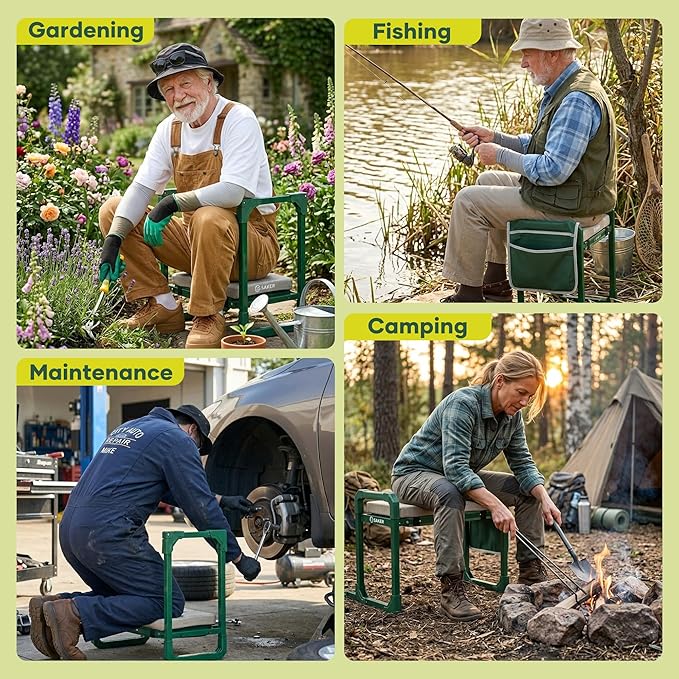 Saker Garden Kneeler and Seat Foldable Gardening Stool with Extendable Legs & Thickened Pad, Tool/Storage Bag, Heavy Duty Support for Elderly, Gardening, Outdoor Use