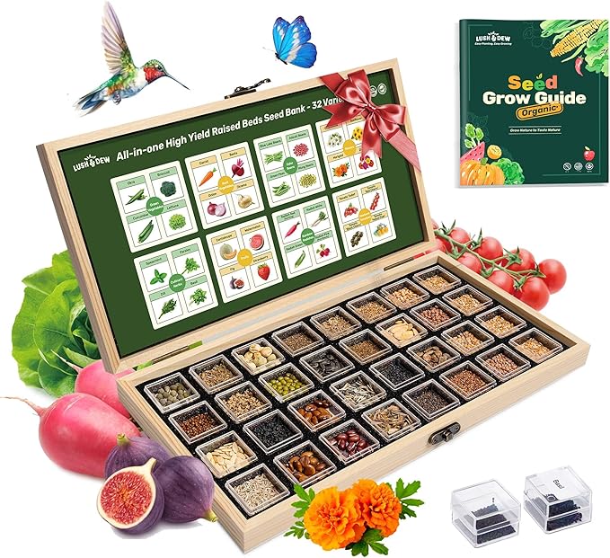 Lush&Dew Raised Garden Bed Heirloom Seed Bank, 32 Varieties 30,000+ Non-GMO Seeds for Planting Vegetables Herbs Fruits Year-Round, Gardening Gifts for Women Men, Survival Seed Kit for Food Supplies