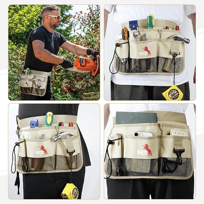 UNCO- Adjustable Gardening Belt, Beige, 7 Pockets, Wear, Cut and Water Resistant, Garden Tool Belt Pouch, Waist Apron with Pockets