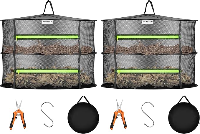 VIVOSUN 2-Layer Mesh Drying Rack Hanging Design with Green Zippers for Dehydrating, Indoor and Outdoor Pruning Shears Included (Pack of 2)