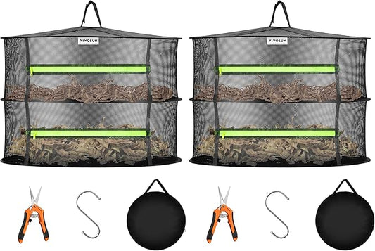 VIVOSUN 2-Layer Mesh Drying Rack Hanging Design with Green Zippers for Dehydrating, Indoor and Outdoor Pruning Shears Included (Pack of 2)