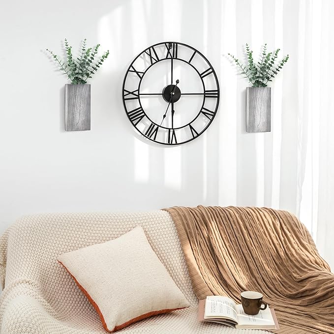 Dahey 2 Pack Wood Wall Planter Vase with Artificial Eucalyptus Farmhouse Wall Hanging Decor Pocket Planter for Indoor Fake Plants Greenery, Living Room Bedroom Kitchen Home Office Decoration, Grey