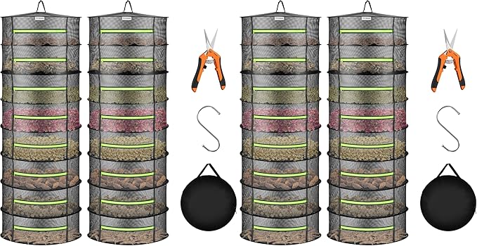 VIVOSUN 4-Pack 8-Layer Mesh Drying Rack Hanging Design with Green Zippers for Dehydrating, Indoor and Outdoor (Pruning Shears Included)