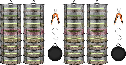 VIVOSUN 4-Pack 8-Layer Mesh Drying Rack Hanging Design with Green Zippers for Dehydrating, Indoor and Outdoor (Pruning Shears Included)