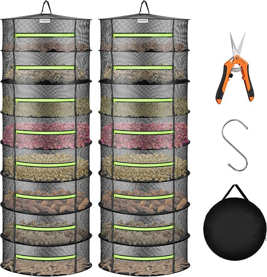 VIVOSUN 2-Pack 8-Layer Mesh Drying Rack Hanging Design with Green Zippers for Dehydrating, Indoor and Outdoor (Pruning Shears Included)