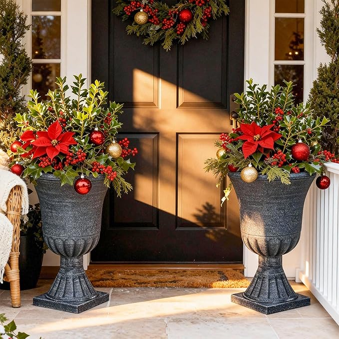 22" Timeless Urn Planters for Outdoor Plants, Set of 2 Plastic Large Flower Pot with Handmade Washed Black Finish, Weather-Resistant for Porch, Garden, Patio or Indoor Use