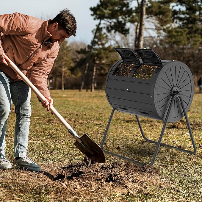 EasyUp Compost Bin Outdoor Dual-Chamber Outdoor Compost Tumbler, 37.5-Gallon Efficient Rotating Composter, UV-Resistant and Weatherproof, for Garden, Kitchen, and Yard (Black)