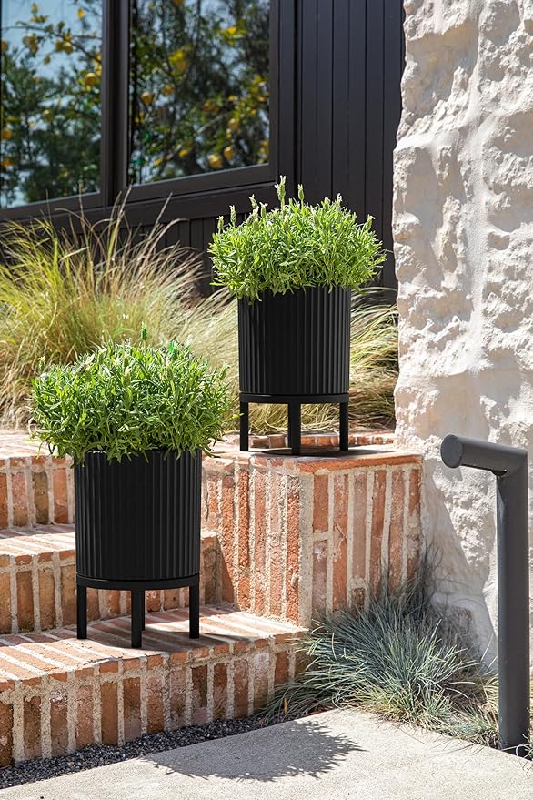 Veradek Demi Series Round Planter w/Stand for Porch/Patio | Durable Plastic-Stone Composite & Wooden Stand | Modern Décor for Tall Plants, Flowers