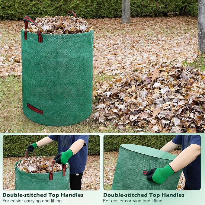 72 Gallons Reusable Yard Waste Bags, 3 Pack Lawn and Leaf Bags with Gardening Gloves, Heavy Duty Garden Waste Bags with 4 Reinforced Handles for Debris Leaves Grass