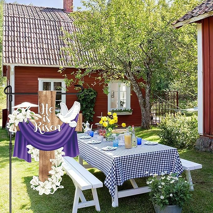 He is Risen Easter Garden Flag Banner Outdoor Decorations for Outside Double-Sided Printed, Cross Rise Christian Jesus Lily Flowers Bunting Yard Flags House Yard Spring Seasonal Decoration