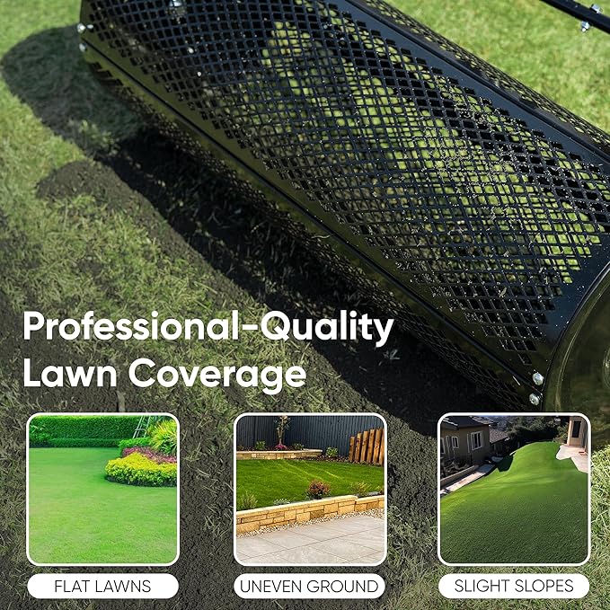 Compost Spreader 36 Inch Towable Peat Moss Spreader, Heavy Duty Rust-Resistant Steel Frame Roller Lawn Spreader for Top Soil, Manure, Mulch, Top Dressing - Garden Spreaders for Lawns
