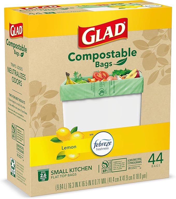 Glad Trash Bags, Kitchen Compost Bags 2.6 Gallon Garbage Bags, 100% Compostable Bag, Febreze Lemon, 44 Count (Package May Vary), Light Yellow